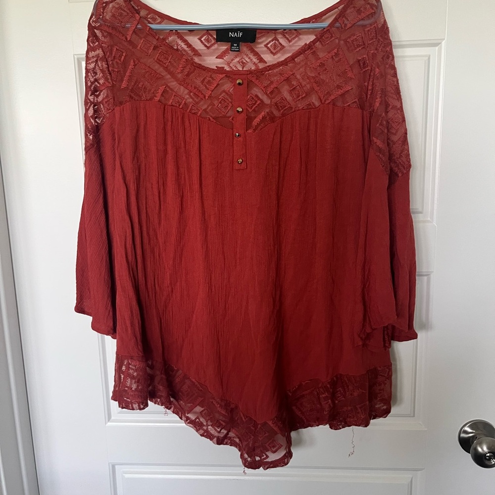 NAIF Red Asymmetrical Ruffled Blouse